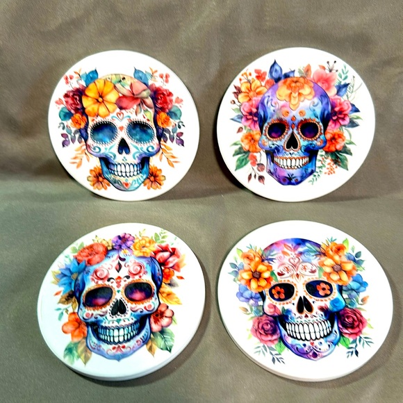 Set of 4 ceramic Sugar Skull Coasters - Picture 1 of 5
